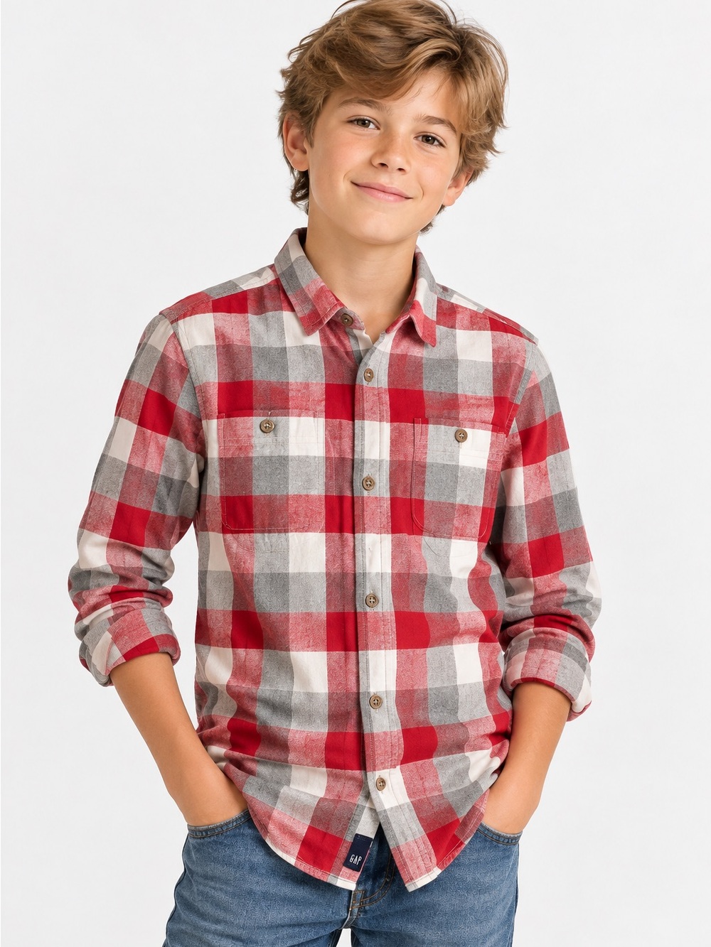 Gap Kids Boys' Plaid Button-Front Shirt - Red & Gray, Size XL (12)